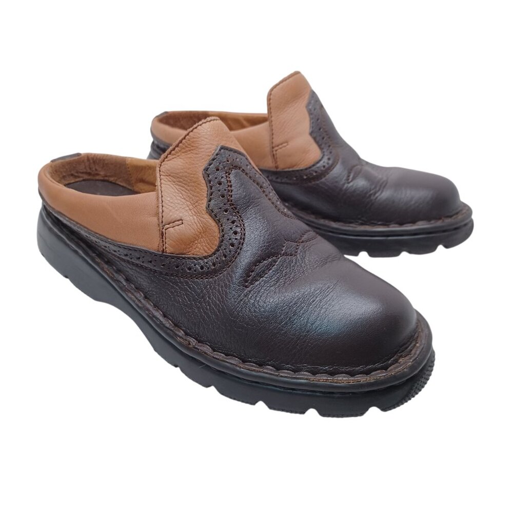 Double‎ H Boots Mules Brown Leather Slip On Two Tone Cushioned Flats Womens 6.5
